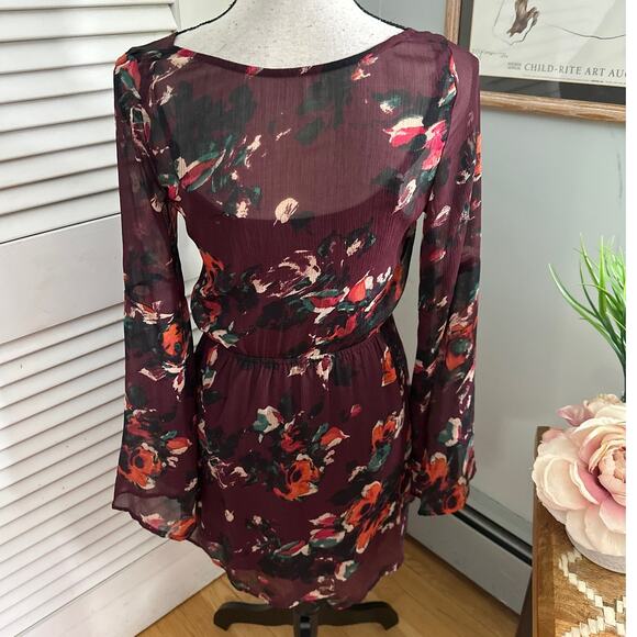 ABERCROMBIE FITCH Womens Dress SMALL Burgundy Floral Long Sleeve Mini Grunge - Picture 5 of 12